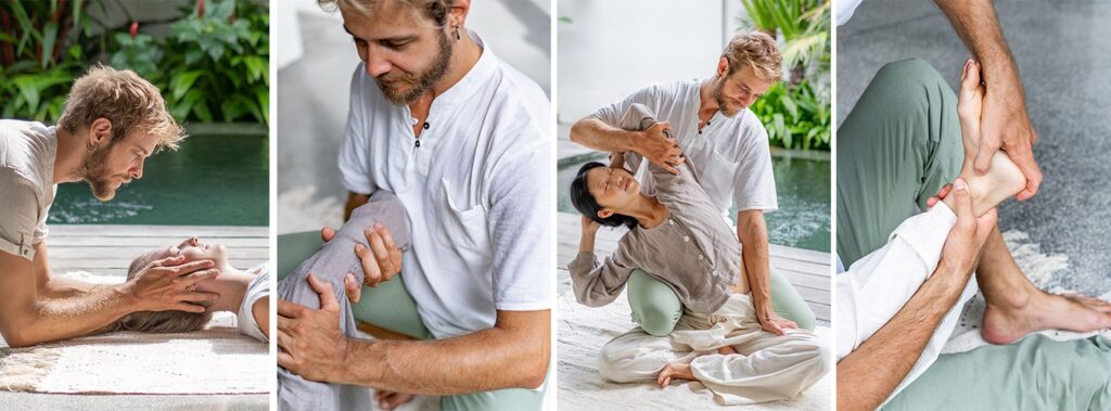Collage of thai massage positions. Girl being massaged, stretched and lengthened.