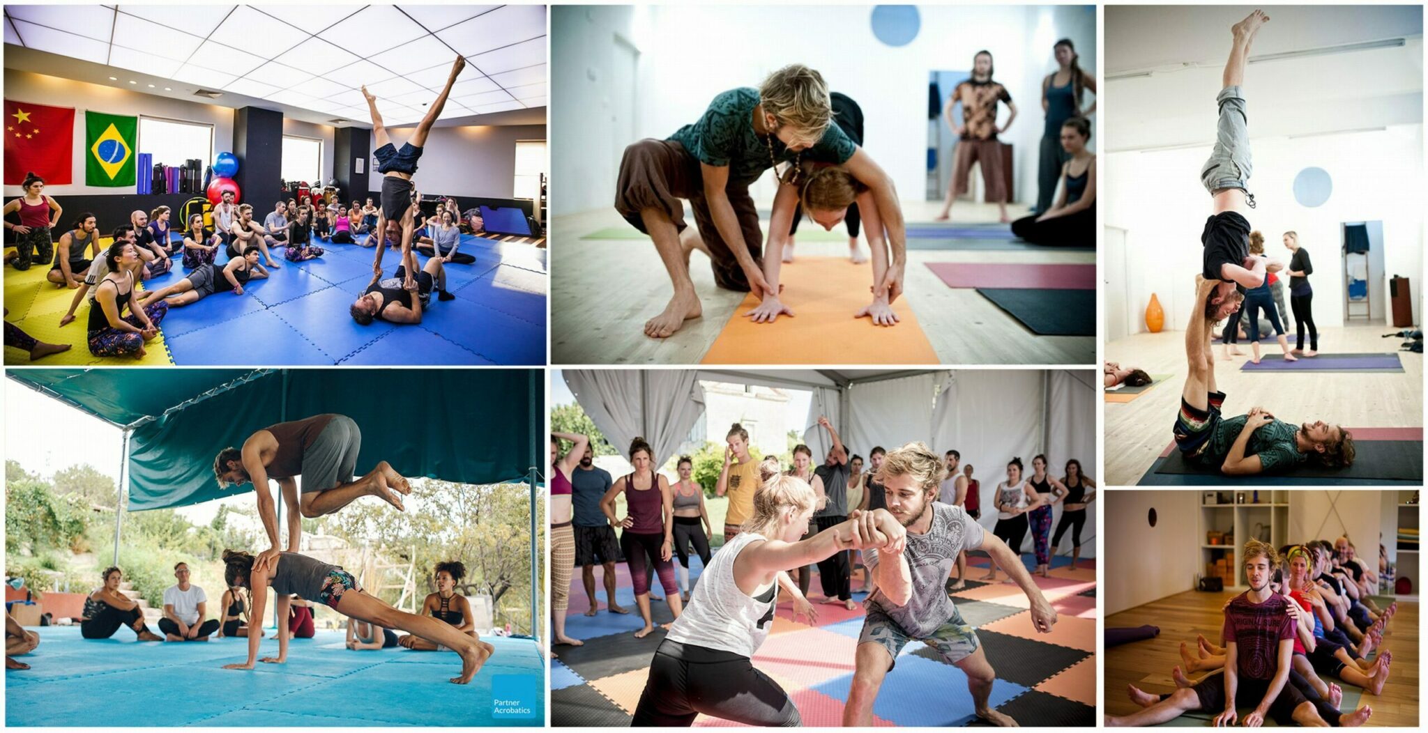 AcroYoga collage of students being in class learning about acrobatics and yoga. Weekly class in zurich.
