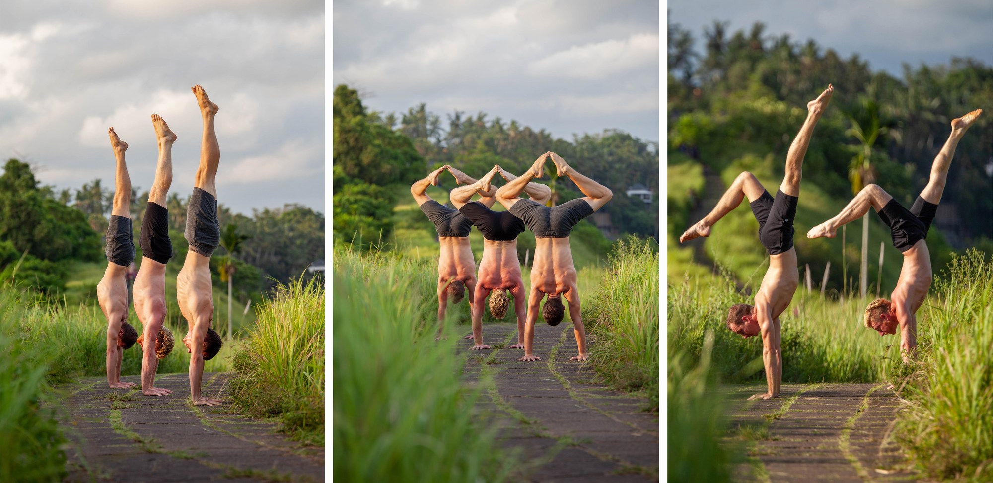 Three guys doing handstands in a collage next to each other.