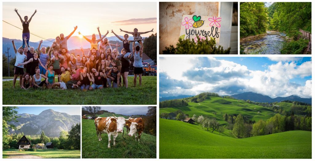 Beautiful collage of our retreat place in Slovenia with lots of green hills, farmhouses, cows, ricers and a group of people during the sunset.