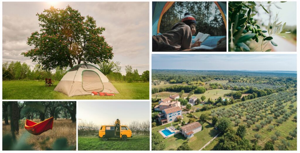 Collage of camping options at yoga retreat. Camping, tent, hammock, van. Green nature. Olive trees.