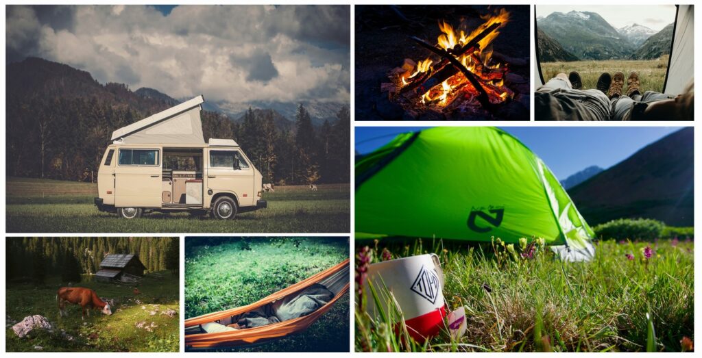 Collage of images showing people camping in a van or tent with green nature in the background.